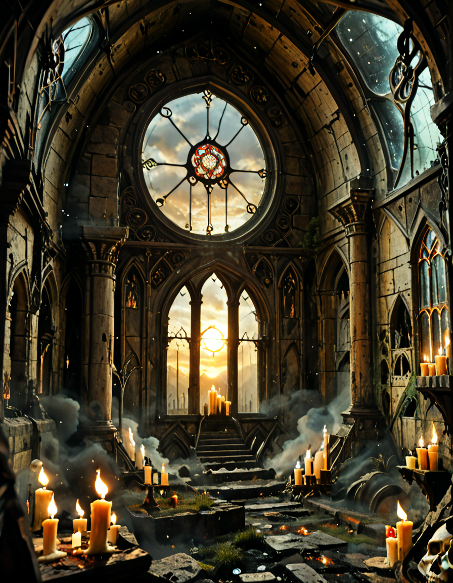 score_9, score_8_up, score_7_up, score_6_up, score_5_up, score_4_up, <lora:SW01v1-5pb:1> EFFD02, imagination, epic world, clouds, open jaw, breaking in, halos of light in the darkness of space, fire, EFFY01, epic scale chamber, detailed black robed dark wizard with a skull face, candles, medieval detailed architecture, detailed wall carvings, occult medieval ceremony, stained glass windows, bokeh, fantasy, T8 trees, green, blue, waves, ruins, T10, motion, spacecrafts, cyberpunk city, mist, god rays, sunset,