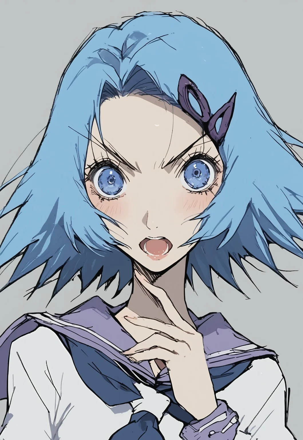 safe_pos, safe_pos, score_9, score_8_up, score_7_up, anime , rating_explicit, anime screencap, anime style, Perfect hands, Perfect fingers, Perfect eyes,
Living,
1girl, solo, sailor collar, open mouth, simple background, looking at viewer, serafuku, blue eyes, purple sailor collar, upper body, blue hair, neckerchief, hair ornament, black pupil,