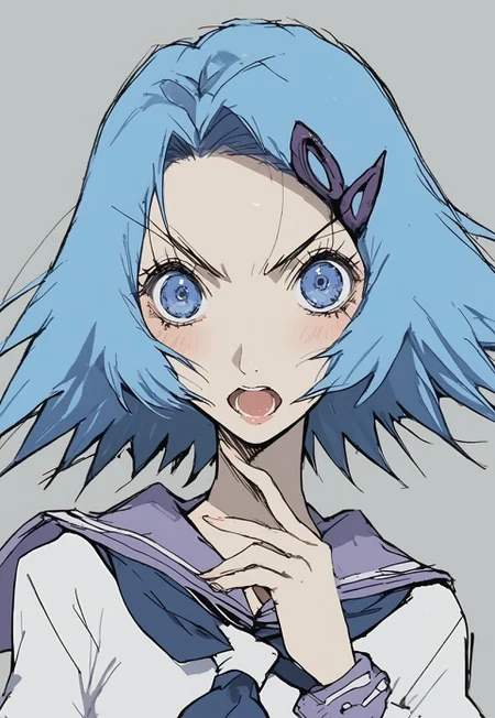safe_pos, safe_pos, score_9, score_8_up, score_7_up, anime , rating_explicit, anime screencap, anime style, Perfect hands, Perfect fingers, Perfect eyes,
Living,
1girl, solo, sailor collar, open mouth, simple background, looking at viewer, serafuku, blue eyes, purple sailor collar, upper body, blue hair, neckerchief, hair ornament, black pupil,