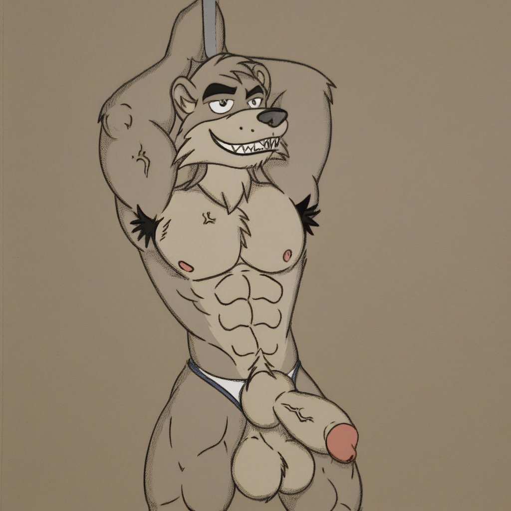 and abs.   The bear's fur is rendered with short, giving it a rough, male focus, abs, male underwear, depicted in a dynamic pose. The wolf has a muscular build, Sotamusora Artstyle This is a pencil drawing of an anthropomorphic bear character. The bear is depicted in a stylized, testicles, showcasing a strong physique. The bear's fur is depicted with visible individual strands, wolf boy, narrowed eyes giving it a fierce look. The fur is detailed with short, giving texture to its fur., armpit hair, depicted with a muscular build, topless male, depicted in a seated position, cartoonish manner with exaggerated, defined physique. The character has a wolf's head, stylized manner. The bear, arms, is standing upright and leaning slightly to the right. It has a broad chest and well-defined abs, muscular, textured coat.