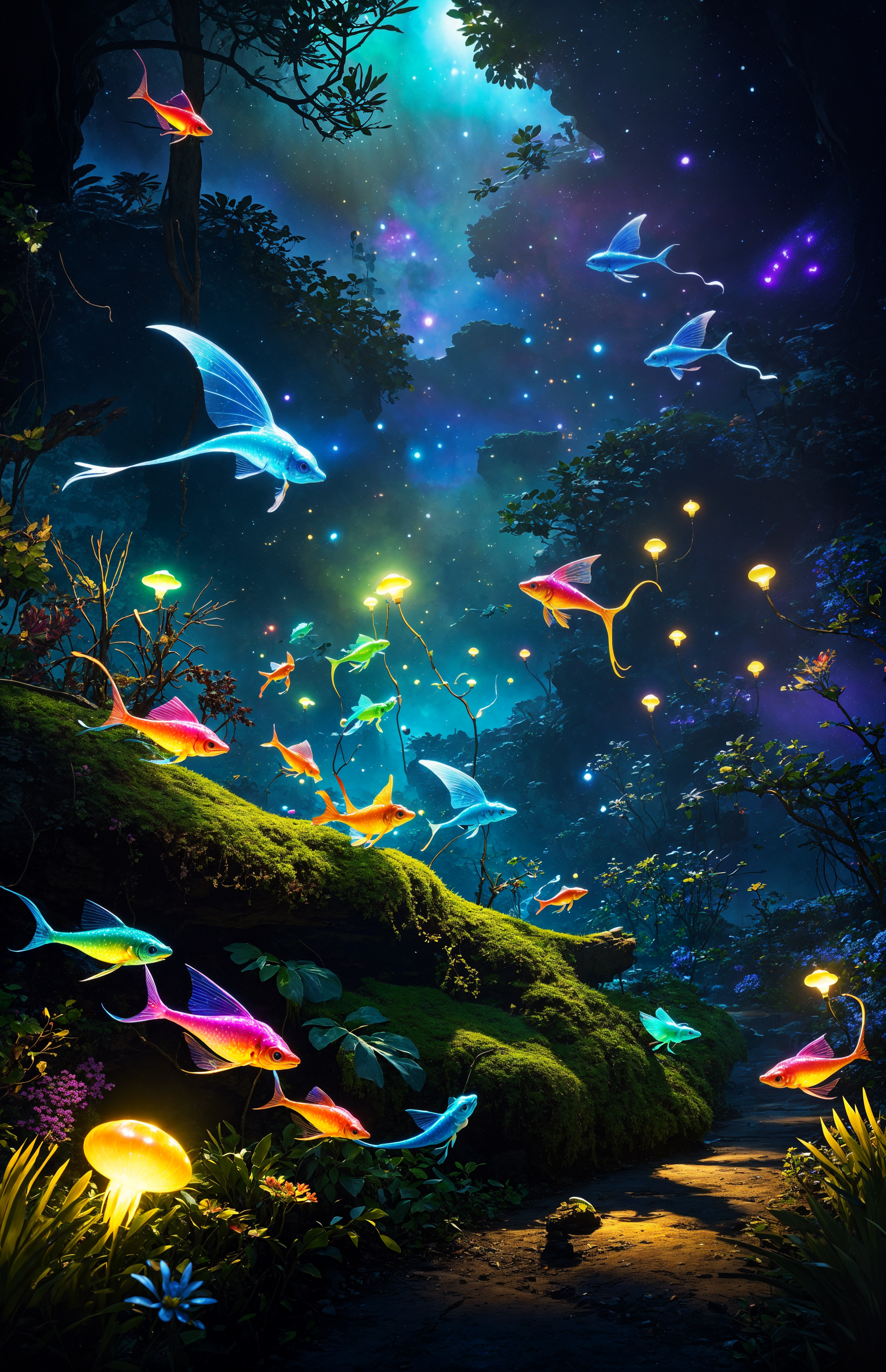 Fluorescent light: Various strange-shaped creatures emit colorful light, lighting up the night of Pandora, like a dreamy starlight world.
Biodiversity: Various strange and beautiful creatures come in different forms, some like flying fish, some like glowing lizards, and some like dancing elves, showing the amazing biodiversity of Pandora.
Strong vitality: These creatures are full of vitality and fly, run and play freely on Pandora, showing the strong vitality of Pandora.
Mysterious atmosphere: The Pandora planet at night is full of mysterious atmosphere. Unknown creatures and strange sights make people full of curiosity and awe.
Dreamy scene: The whole scene is full of dreamy colors, making people feel like they are in a science fiction movie.
Scene details:
Flying fish: Groups of flying fish dance in the air, their scales flashing with colorful light, like colorful ribbons, drawing beautiful arcs in the night sky.
Glowing lizard: A glowing lizard crawls on the branches. Their skin is covered with glowing spots, like small lanterns, lighting up the surrounding darkness.
Dancing elves: Groups of dancing elves are playing on the grass. Their bodies are as light as dandelions, their wings are shining with colorful lights, and they dance in the moonlight.
Unknown Creatures: There are strange calls in the distance, as if there are unknown creatures lurking in the dark, making people full of curiosity and fear.
Dreamy fog: A thin fog envelopes the entire scene, adding a bit of dreaminess and making Pandora even more mysterious.
visual effect:
Brilliant colors: The picture is colorful, and the colorful lights are intertwined to create a dreamlike atmosphere.
Exquisite details: The details of the picture are exquisite, and every creature is vividly depicted, showing the amazing biodiversity of Pandora.
Light and shadow effects: The clever use of light and shadow effects makes the picture more layered and has a strong three-dimensional effect.
Mysterious atmosphere: The whole picture is full of mysterious atmosphere, making people feel like they are in an unknown world.