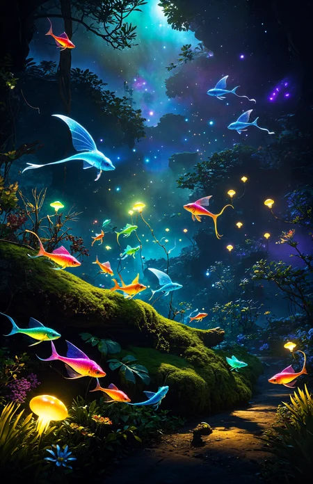 Fluorescent light: Various strange-shaped creatures emit colorful light, lighting up the night of Pandora, like a dreamy starlight world.
Biodiversity: Various strange and beautiful creatures come in different forms, some like flying fish, some like glowing lizards, and some like dancing elves, showing the amazing biodiversity of Pandora.
Strong vitality: These creatures are full of vitality and fly, run and play freely on Pandora, showing the strong vitality of Pandora.
Mysterious atmosphere: The Pandora planet at night is full of mysterious atmosphere. Unknown creatures and strange sights make people full of curiosity and awe.
Dreamy scene: The whole scene is full of dreamy colors, making people feel like they are in a science fiction movie.
Scene details:
Flying fish: Groups of flying fish dance in the air, their scales flashing with colorful light, like colorful ribbons, drawing beautiful arcs in the night sky.
Glowing lizard: A glowing lizard crawls on the branches. Their skin is covered with glowing spots, like small lanterns, lighting up the surrounding darkness.
Dancing elves: Groups of dancing elves are playing on the grass. Their bodies are as light as dandelions, their wings are shining with colorful lights, and they dance in the moonlight.
Unknown Creatures: There are strange calls in the distance, as if there are unknown creatures lurking in the dark, making people full of curiosity and fear.
Dreamy fog: A thin fog envelopes the entire scene, adding a bit of dreaminess and making Pandora even more mysterious.
visual effect:
Brilliant colors: The picture is colorful, and the colorful lights are intertwined to create a dreamlike atmosphere.
Exquisite details: The details of the picture are exquisite, and every creature is vividly depicted, showing the amazing biodiversity of Pandora.
Light and shadow effects: The clever use of light and shadow effects makes the picture more layered and has a strong three-dimensional effect.
Mysterious atmosphere: The whole picture is full of mysterious atmosphere, making people feel like they are in an unknown world.