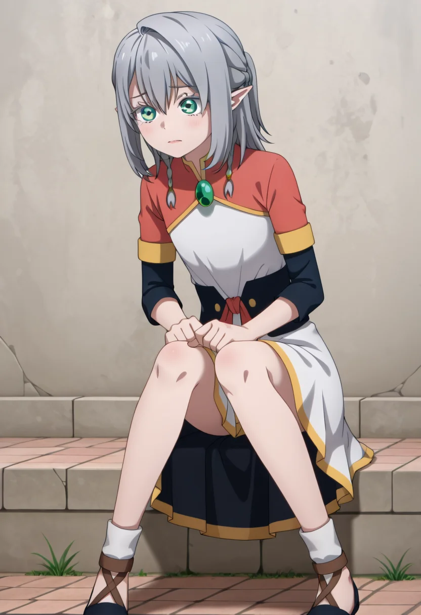 <lora:Young Tessia_IL:1>Young Tessia, 1girl, gray hair, pointed ears, elf, green eyes, white asymmetrical dress with yellow trim, red sash waist tie, black long-sleeve undershirt, green gem pendant necklace, white thigh-high socks, black crisscross strap shoes