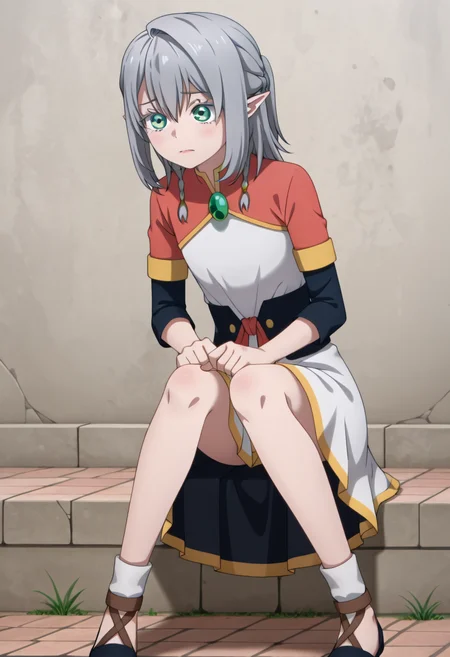 <lora:Young Tessia_IL:1>Young Tessia, 1girl, gray hair, pointed ears, elf, green eyes, white asymmetrical dress with yellow trim, red sash waist tie, black long-sleeve undershirt, green gem pendant necklace, white thigh-high socks, black crisscross strap shoes