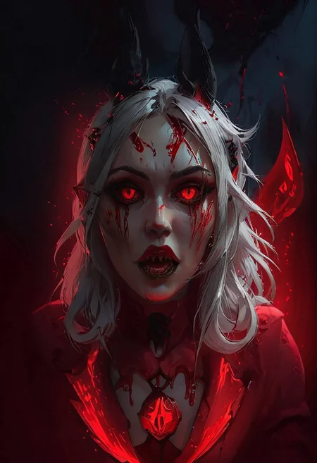 red glowing eyes, demonic, long silver hair, masterpiece, 8k, insane graphics, insane details, drool, blood