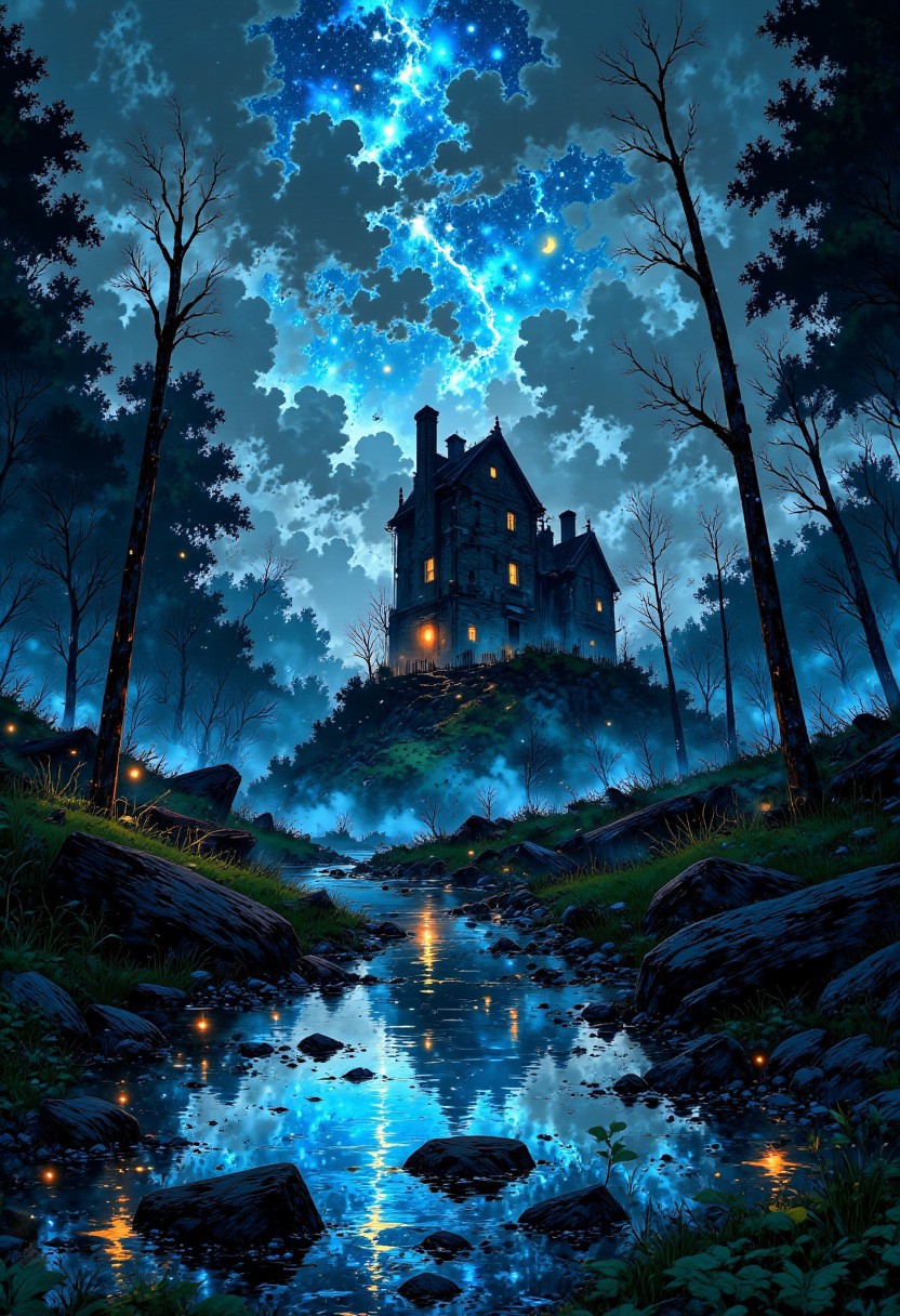 The Cursed Marsh – Ghostly Will-O'-The-Wisps & Sunken Ruins
"A vast, flooded marshland where the skeletal remains of forgotten villages sink into the black, murky water. Strange blue flames flicker in the distance, moving as if they have a will of their own. The air is thick with the scent of decay and stagnant water, while twisted branches reach out from the fog like skeletal hands. In the distance, the silhouette of a crooked, abandoned manor looms over the desolation."
