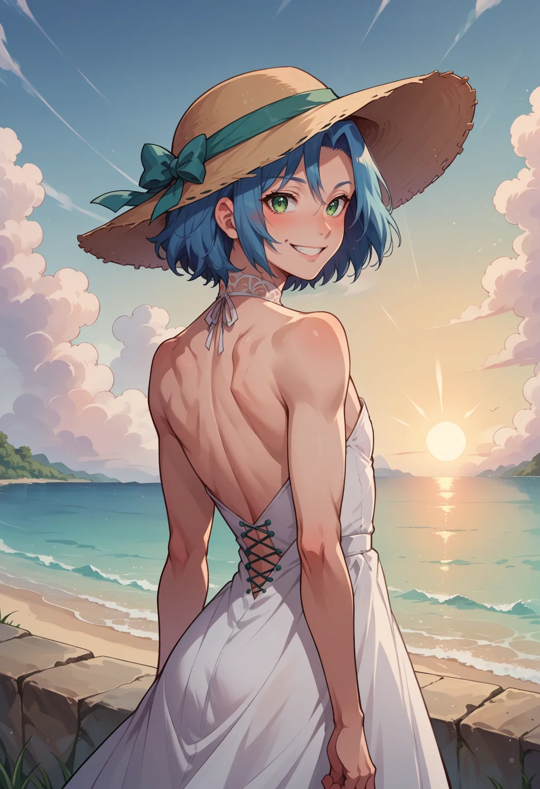 score_9, score_8_up,score_7_up, score_9, score_8_up,score_7_up, source_anime, 1boy, solo, otoko no ko, <lora:EPpkJamesPony-07:0.8> EPpkJames, medium hair, blue hair, green eyes, smile, from behind, white dress, looking back, crossdressing, blush, arms behind back, bare shoulders, male focus, looking at viewer, hat, back, dress, sundress, outdoors, sun hat, sky, sunset, ocean, reflective water,