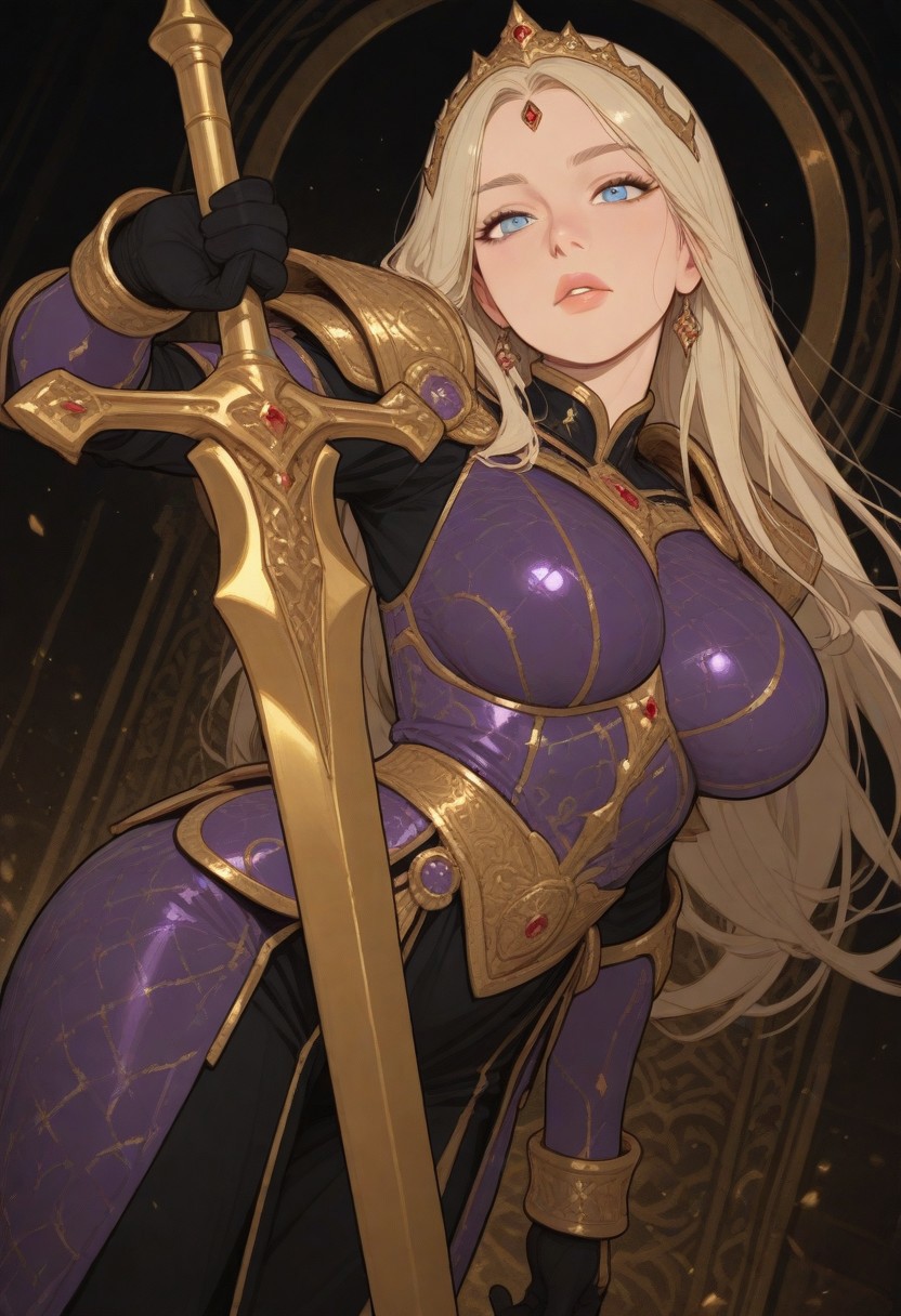 HDR, 8K, high contrast, masterpiece, best quality, amazing quality, very aesthetic, realistic, newest, volumetric lighting, (artist:incase:0.5), (artist:tsuaii:0.5), (flat colors:2), ultra detailed,
1girl, attractive, big eyes, blue eyes, light blonde hair, (long hair), (long straight hair:1.4), parted bangs, hair on face, long hair strands, long hair ahead, long bangs, detailed hair, ear behind hair, hidden ears, makeup, plump lips, lipstick, large breasts, curvy, looking at viewer, head tilt, hair flowing, Expressiveh,
warrior, heavy armor, purple armor, detailed gold patterns, gold plates, royalty, princess, tiara, gold/purple/black aesthetic, heavy jewelry, gold designs, large sword, warrior pose, striking pose, magic, fully covered. arched back, ready for combat, fighting pose,
dynamic angle,