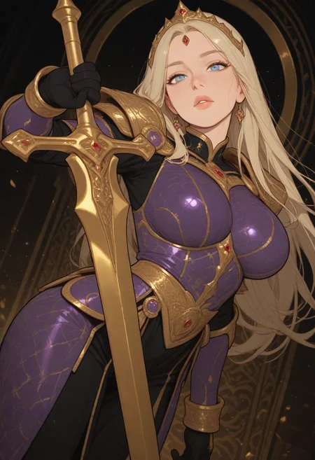 HDR, 8K, high contrast, masterpiece, best quality, amazing quality, very aesthetic, realistic, newest, volumetric lighting, (artist:incase:0.5), (artist:tsuaii:0.5), (flat colors:2), ultra detailed,
1girl, attractive, big eyes, blue eyes, light blonde hair, (long hair), (long straight hair:1.4), parted bangs, hair on face, long hair strands, long hair ahead, long bangs, detailed hair, ear behind hair, hidden ears, makeup, plump lips, lipstick, large breasts, curvy, looking at viewer, head tilt, hair flowing, Expressiveh,
warrior, heavy armor, purple armor, detailed gold patterns, gold plates, royalty, princess, tiara, gold/purple/black aesthetic, heavy jewelry, gold designs, large sword, warrior pose, striking pose, magic, fully covered. arched back, ready for combat, fighting pose,
dynamic angle,