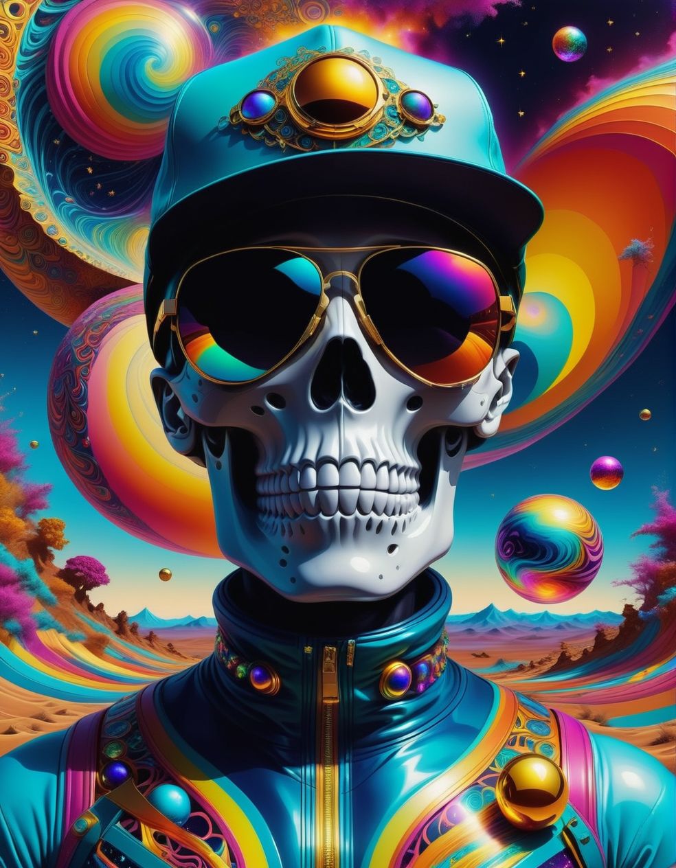 DMT Art Style,  <lora:SkeletoNaut-000009:1> SkeletoNaut, fitted ball cap, stunna shades <lora:SDXLFaeTastic2400:0.8>, bright colors, surreal visuals, swirling patterns, DMT art style
