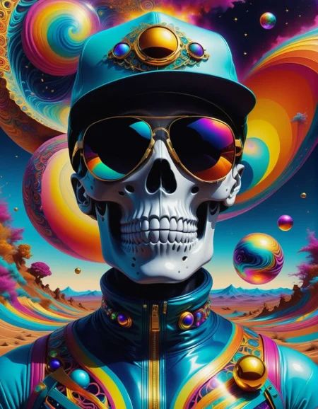 DMT Art Style, <lora:SkeletoNaut-000009:1> SkeletoNaut, fitted ball cap, stunna shades <lora:SDXLFaeTastic2400:0.8>, bright colors, surreal visuals, swirling patterns, DMT art style