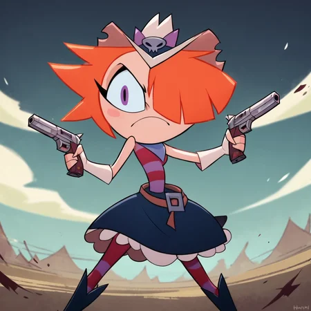 score_9, score_8_up, score_7_up, 1girl, Rawhide, orange hair, short hair, hair over one eye, purple eyes, hat, small breasts, narrow waist, wide hips, looking at viewer, holding weapon, handgun, dual wielding, highres, high quality, masterpiece, <lora:Rawhide:1>