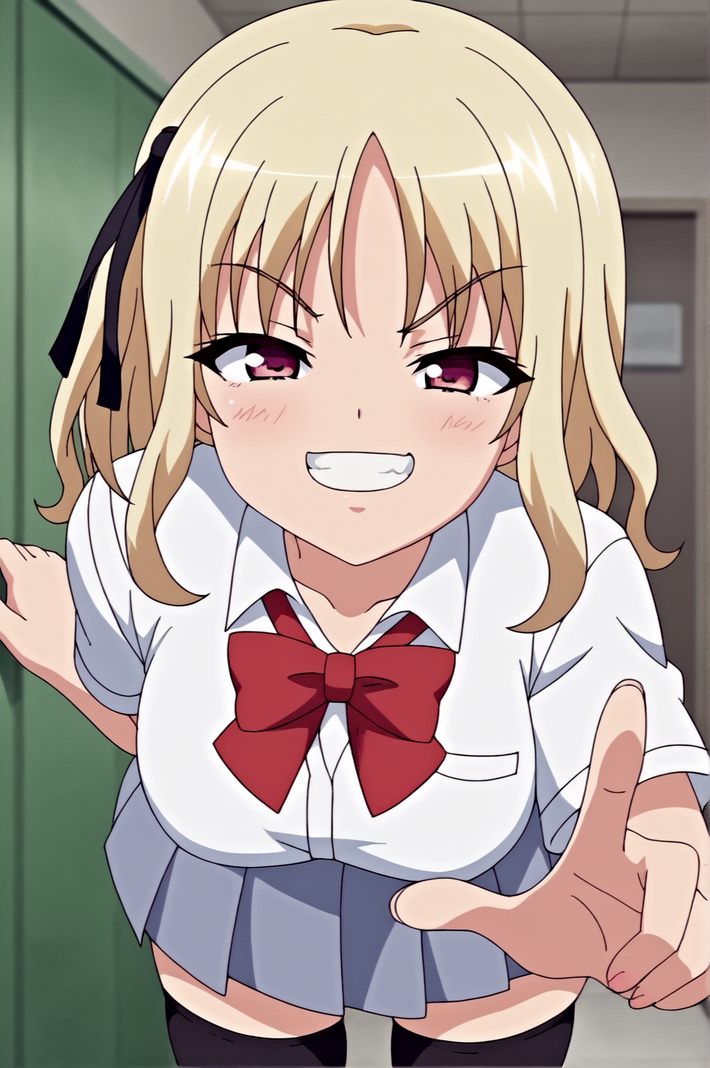 score_9, score_8_up, score_7_up,anime_source, source_anime, best background, detailed background, anime screencap,  Shiori, 1girl, bow, bowtie, ribbon, school uniform, shirt, solo, white shirt black thighhighs, tsundere, victory fingers, victory pose, smug,    indoors,  <lora:JN_Shiori_Fuyutsuki:0.8>