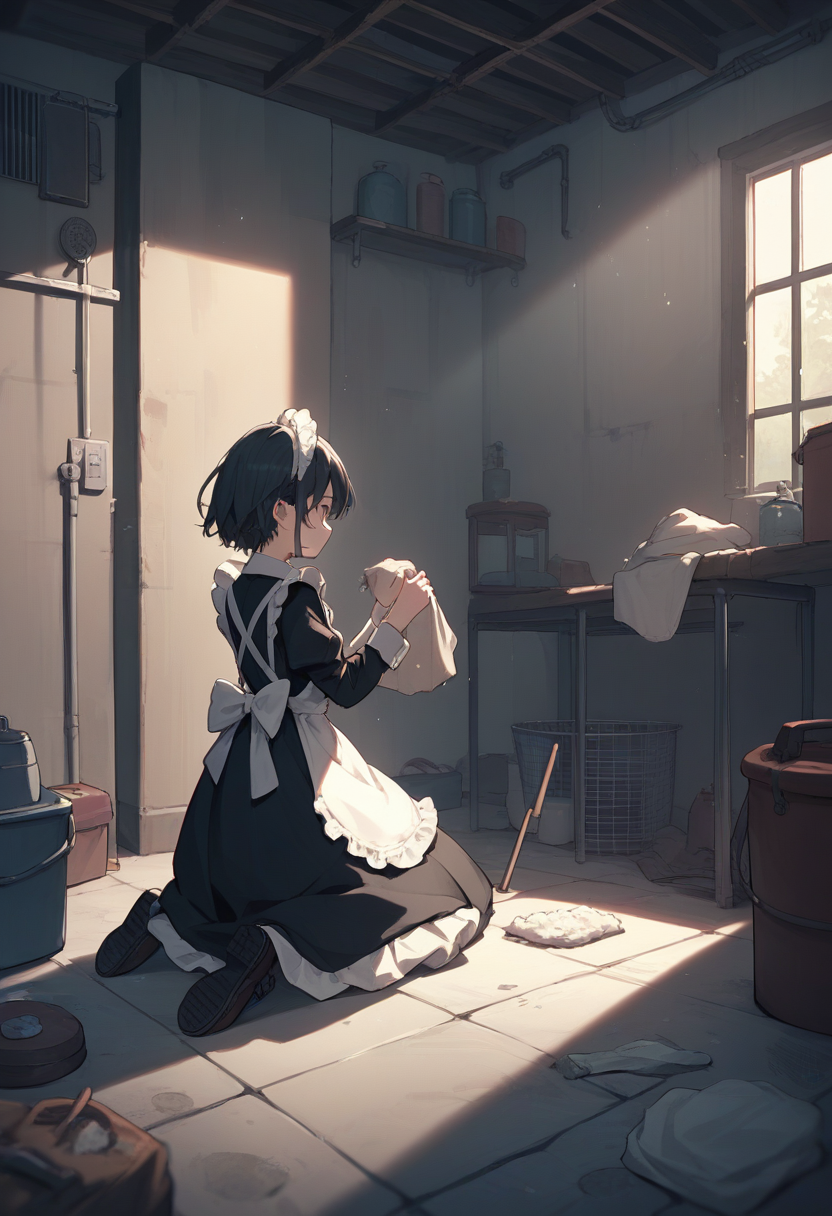 score_9, score_8_up, score_7_up, score_6_up, source_anime, 1girl, basement, dimly lit, dark, 
maid, kneeling, cleaning, 
<lora:basement_v0.2-pony:1>