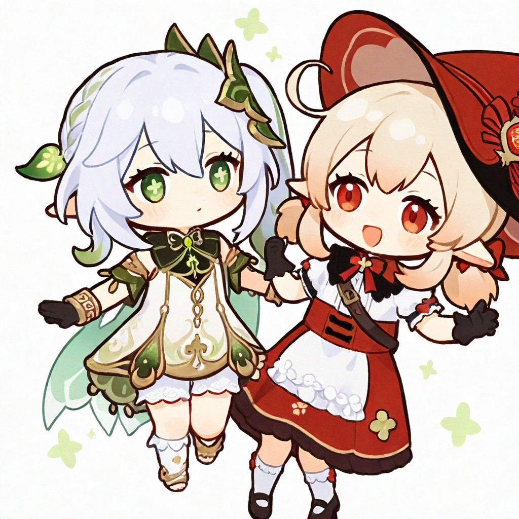 masterpiece, very awa,simple background,white background,chibi,cute,adorable,2 girls, duo,
BREAK
klee \(blossoming starlight\) \(genshin impact\),bloomers, black gloves, kneehighs, mary janes, witch hat, red skirt, white shirt, shawl, waist apron, bag,
BREAK
Nahida_(Genshin_Impact),green_eyes, white_hair, gradient_hair, long_hair, cross-shaped_pupils, side_ponytail, flat_chest, pointy_ears,green_eyes, white_hair, gradient_hair, long_hair, cross-shaped_pupils, side_ponytail, flat_chest, pointy_ears, hair_leaf, hair_ornament, two-tone_dress, detached_sleeves, sleeveless, green_cape, white_bloomers, bracelet