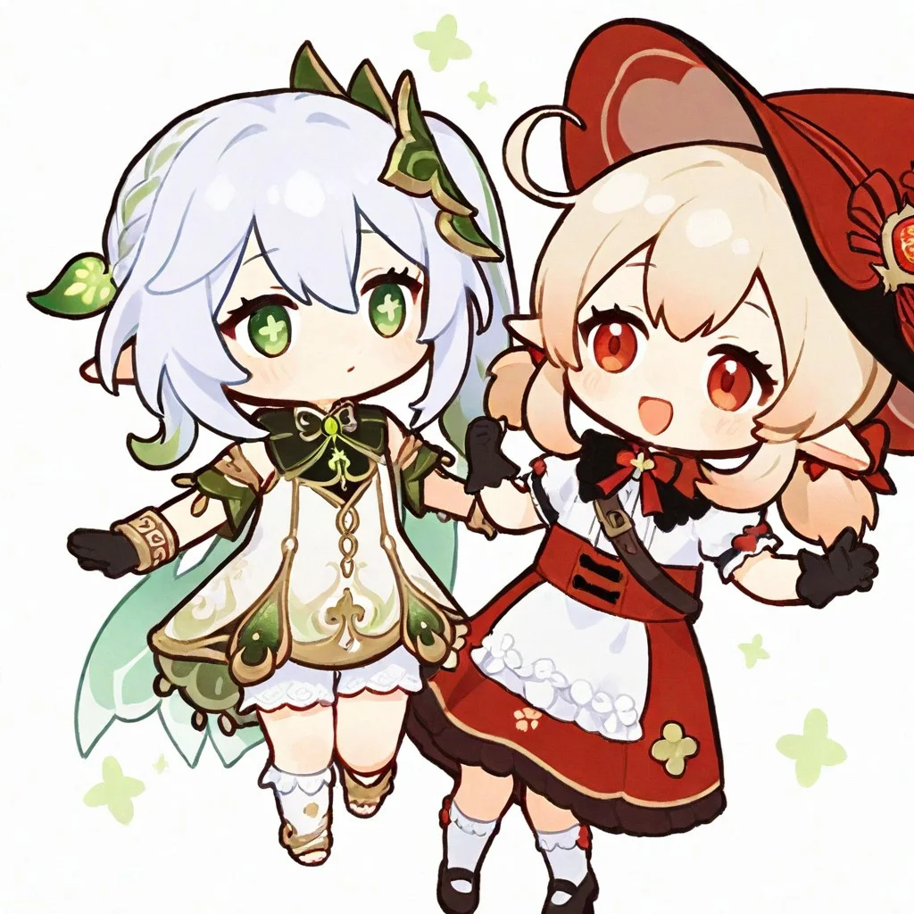 masterpiece, very awa,simple background,white background,chibi,cute,adorable,2 girls, duo,
BREAK
klee \(blossoming starlight\) \(genshin impact\),bloomers, black gloves, kneehighs, mary janes, witch hat, red skirt, white shirt, shawl, waist apron, bag,
BREAK
Nahida_(Genshin_Impact),green_eyes, white_hair, gradient_hair, long_hair, cross-shaped_pupils, side_ponytail, flat_chest, pointy_ears,green_eyes, white_hair, gradient_hair, long_hair, cross-shaped_pupils, side_ponytail, flat_chest, pointy_ears, hair_leaf, hair_ornament, two-tone_dress, detached_sleeves, sleeveless, green_cape, white_bloomers, bracelet