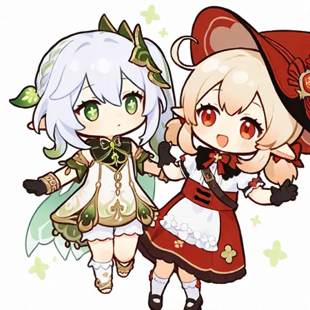 masterpiece, very awa,simple background,white background,chibi,cute,adorable,2 girls, duo,
BREAK
klee \(blossoming starlight\) \(genshin impact\),bloomers, black gloves, kneehighs, mary janes, witch hat, red skirt, white shirt, shawl, waist apron, bag,
BREAK
Nahida_(Genshin_Impact),green_eyes, white_hair, gradient_hair, long_hair, cross-shaped_pupils, side_ponytail, flat_chest, pointy_ears,green_eyes, white_hair, gradient_hair, long_hair, cross-shaped_pupils, side_ponytail, flat_chest, pointy_ears, hair_leaf, hair_ornament, two-tone_dress, detached_sleeves, sleeveless, green_cape, white_bloomers, bracelet
