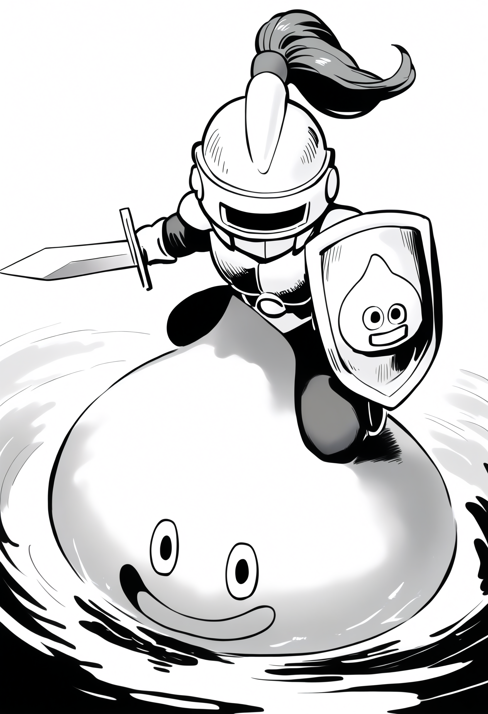 score_9,score_8_up,score_7_up,best quality,masterpiece,super detailed,extreme detailed,full_body,zPDXL BREAK ocean,
<lora:Pony_DetailV2.0:1>,slime knight,slime_(dragon_quest),armor,helmet,holding shield,holding sword,knight,<lora:slime knight:1>,riding,sketch,wading,