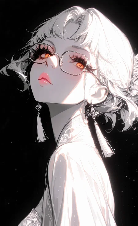 masterpiece, best quality, good quality, very awa, very aesthetic, absurdres, newest, 1girl, solo, delicate hanfu,see-through,highly detailed,
Half frame glasses,Tassel Earrings,Pink lips,Long eyelashes, Medium breasts,Orange eyes,
dynamic angle,
looking at viewer, Close-Up,spot color <lora:ponyv6_noobV1_2_adamW-000017:0.7> <lora:USNR_STYLE_XL_lokr:0.45> <lora:GLSHS:0.6> <lora:retro_scifi_artstyle_illustriousXL-000021:0.3>