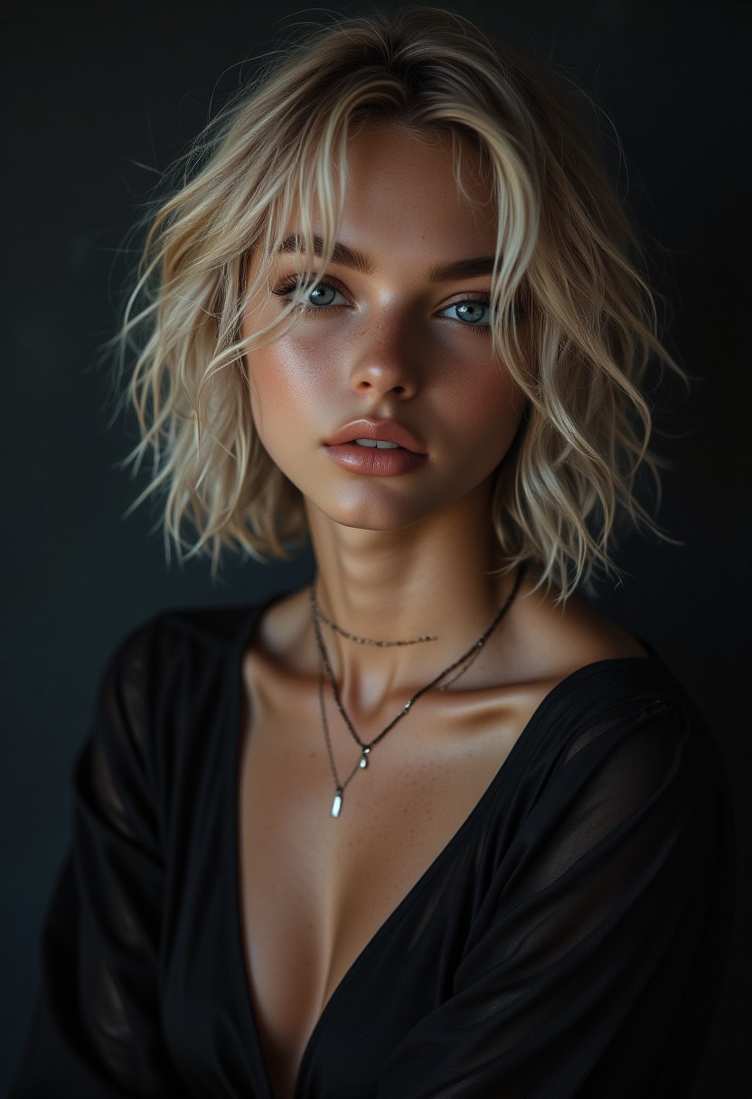 a cute woman, blonde, (hi-top fade), (dark theme:0.9), soothing tones, muted colors, high contrast, (natural skin texture, hyperrealism, soft light, sharp)