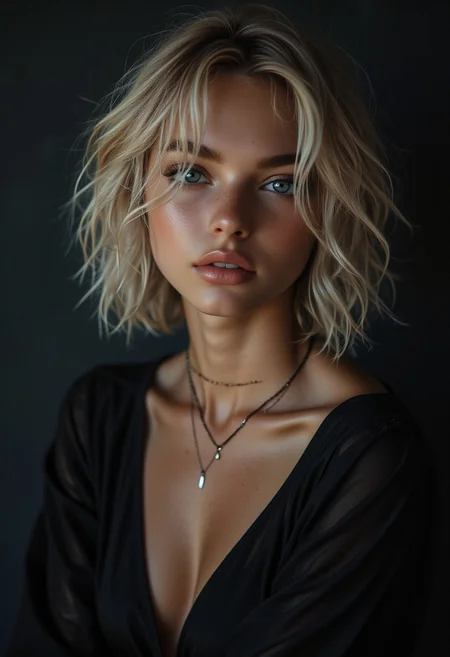 a cute woman, blonde, (hi-top fade), (dark theme:0.9), soothing tones, muted colors, high contrast, (natural skin texture, hyperrealism, soft light, sharp)