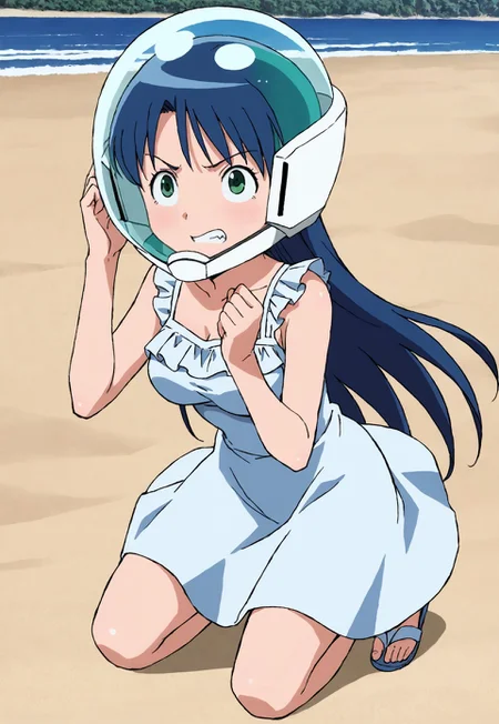 safe_pos, source_anime, anime coloring, 1990s \(style\), (wearing blue framed dome_helmet|space helmet), 1girl, solo, hands up, long hair, blue hair, medium breasts, green eyes, clenched teeth, determined, outdoors, water, beach, sundress, frills, full body, sandals, helmet overlapping head, helmet overlapping face, helmet overlapping chin,
