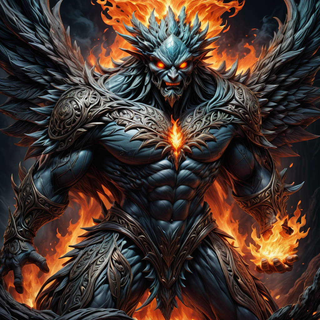 hyper detailed masterpiece, dynamic, awesome quality,LoromXL_Druidic_Naturalism,
giant, large supernatural being, fiery smoky appearance, humanoid shape, muscular build, emanating flames and smoke from body, flaming eyes and facial features, wings made of fire, coloration from red to black, element of fire, powerful and malevolent, formidable and elemental force   <lora:LoromXL_Druidic_Naturalism:1>