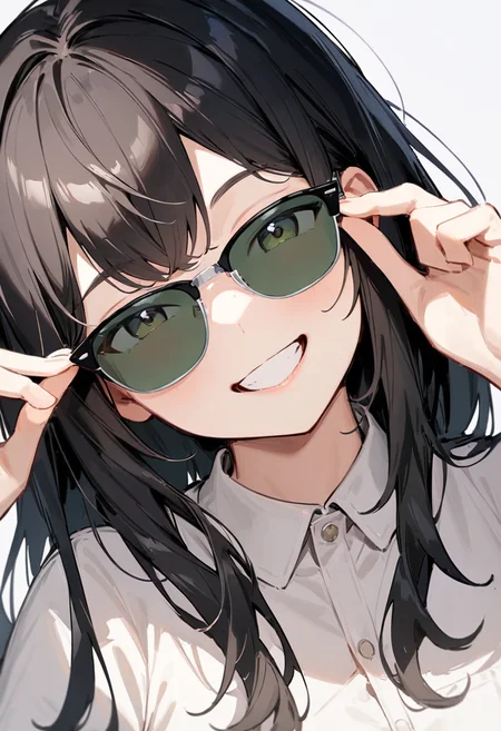 masterpiece, best quality, very aesthetic, absurdres,
1girl, solo, black hair, long hair,
sirmont, sunglasses, green-tinted eyewear, black-framed eyewear, grey-framed eyewear, two-tone eyewear,
collared shirt, happy, smile, looking at viewer, adjusting eyewear, white background, simple background,
<lora:sunglasses_CLUBMASTER_SDXL_V1:1>