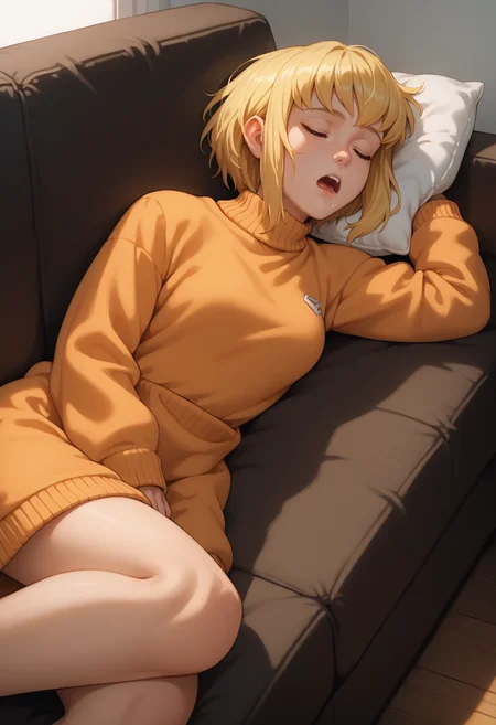 score_9, score_8_up, score_7_up, 1girl, solo, karazoreldef, closed eyes, short hair, blonde hair, medium breasts, toned,
sweater dress, orange sweater,
open mouth, lying, on side, sleeping, mouth drool, nose bubble,
indoors, couch, pillow
<lora:Kara-Zor-ElPDXL_V1-Manityro-CAME:1.0>