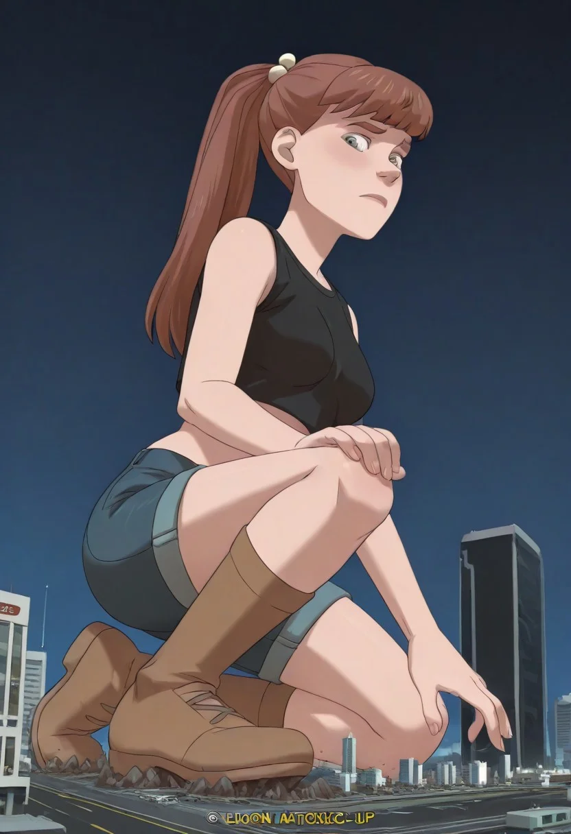 , giantess, full body view, foreshortening, foreshortening, Giantess, City, reaching for viewer, extremely close finger, kneeling, on one knee, giantess, from below, cross laced sandals, best quality, absurdres, 1girl, solo, breasts, hips, embarrassed, underboobs, Vintage comic book with title text: "Attack of the 50ft Monster Girl"
vintage comic book
score_9, score_8_up, score_7_up, score_6_up, <lora:monster_girlIL:0.9> m_g, 1girl, brown ponytail hair, bangs, hairpin, small body, skinny body, grey eyes, wide hips, denim shorts, knee socks, crop top, bare shoulders, cute face,perfect anatomy
<lora:giantess-ponyxl-lora-nochekaiser:1> giantess, giant, city, building, outdoors, destruction,