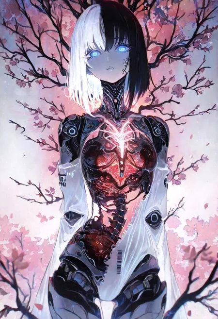 masterpiece, best quality, good quality, very awa, newest, highres, absurdres, 1girl, solo,
Cherry blossom,
limited palette, sketch, glowing, psychedelic,
BREAK
ambient occlusion, raytracing, soft lighting, blum effect, masterpiece, absolutely eye-catching, particles, glow, shining, intricate cinematic background, (beautiful face), looking seductive, coy. dynamic action image,
BREAK
masterpiece,amazing quality,best quality,ultra-detailed,8K,illustration,CG, ultra-detailed-eyes, detailed background,cute girl, eyelashes, erotic, petals falling,
Cherry blossom, blurry foreground, branch
BREAK
(sexy, slutty, hot, aroused)
Automaton, colored skin, robot girl, robot joints, white hair, blue eyes, short hair, metal_skin, barcode,
BREAK
an anime-style character with long black hair is shown from the back her head is slightly tilted to the side revealing a complex mechanical structure where her neck and upper spine should be this structure includes red and silver components that resemble a robotic or cybernetic enhancement she is wearing a white outfit with some details like patches and labels visible on the sleeve the background is dark and out of focus drawing attention to the intricate design of the mechanical parts and the contrast between the organic human features and the artificial enhancements j_art, anime, anime art,