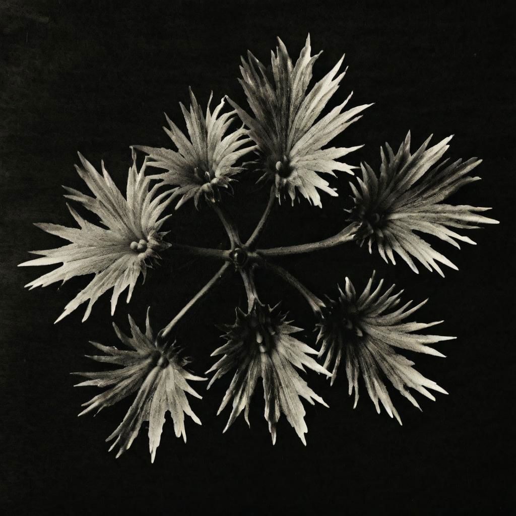 ASCIIDendilion, on a dark background, photography K4RL style, plants, black and white