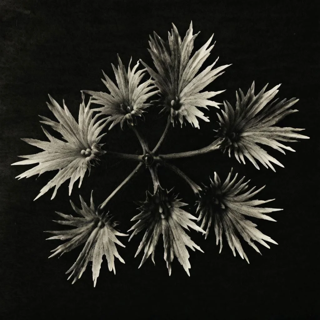ASCIIDendilion, on a dark background, photography K4RL style, plants, black and white