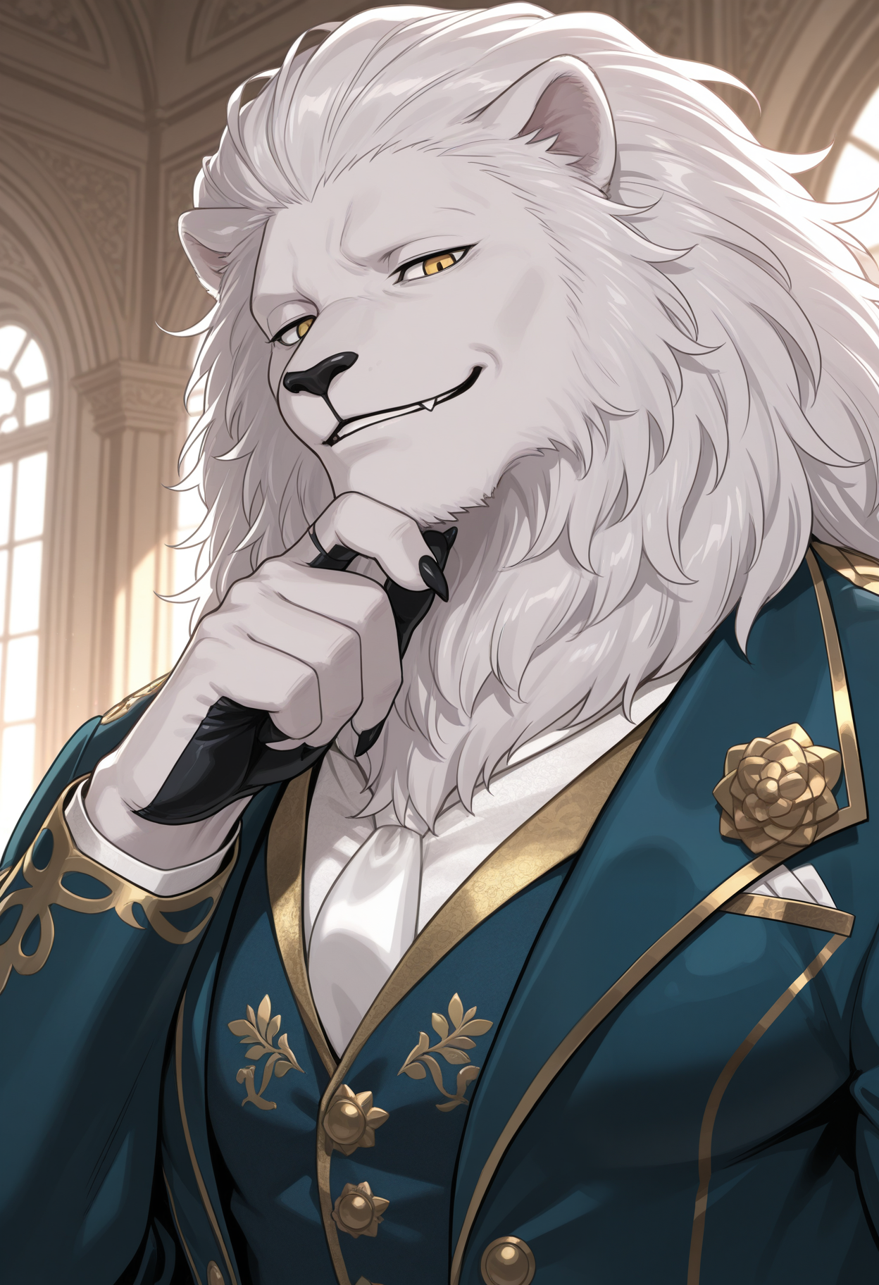 masterpiece,best quality,amazing quality, 1boy, solo, b0gg4rt, lion boy, yellow eyes, green suit, green vest, close up, side angle, hand on chin, smirk, mansion,