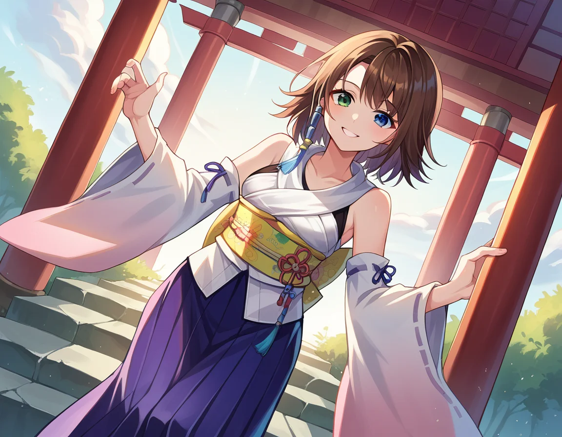 score_9, score_8_up, score_7_up, source_anime,
ffyuna, <lora:ff-yuna-ponyxl-lora-nochekaiser:1>,
yuna, blue eyes, brown hair, green eyes, hair ornament, heterochromia, short hair,
bare shoulders, detached sleeves, hakama, hakama skirt, japanese clothes, purple hakama, skirt, obi, sash, side slit, wide sleeves, white shirt,
outdoors, shrine, bent over, smile,
looking at viewer, cowboy shot, dutch angle,