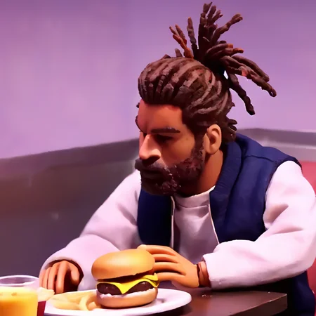 a cinematic still of ,rbtchkn style ,rhwrld , dreads in a bun in the style of rbtchkn <lora:riiahworldxl:1> rhwrld, depth of field , at a resturaunt eating a burger,<lora:jcoleXL:0.7> robot chicken, rbtchkn, robot chicken tv show, stop motion