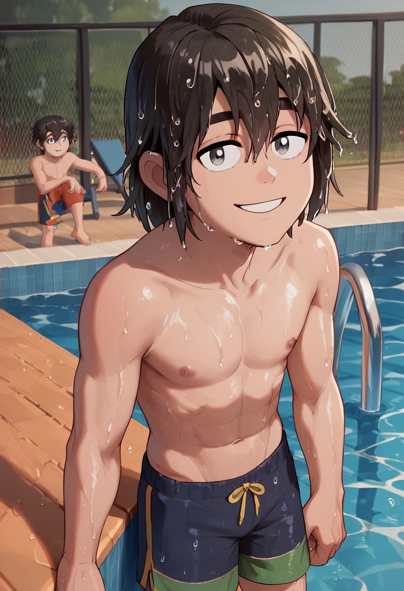 score_9,score_8_up,score_7_up,score_6_up, SlimeBoy, medium hair,grey eyes,swimming pool,swim trunks,wet skin, wet hair, climbing out of pool, 1boy, looking at viewer, smile,(masterpiece), best quality, expressive eyes, amazing quality,,