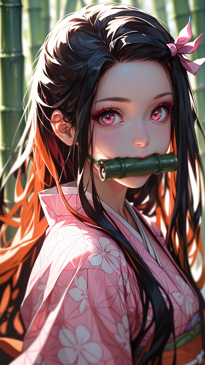 score_9, score_8_up, score_7_up, 1girl, solo, long hair, looking at viewer, black hair, red eyes, ribbon, hair ribbon, multicolored hair, japanese clothes, pink eyes, kimono, blurry, eyelashes, depth of field, mouth hold, portrait, forehead, pink ribbon, blurry foreground, gag, gagged, pink kimono, bamboo, bit gag, kamado nezuko