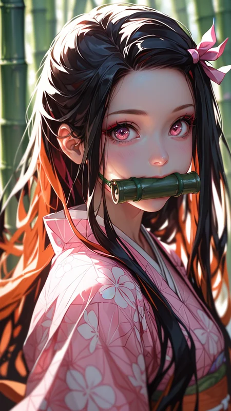 score_9, score_8_up, score_7_up, 1girl, solo, long hair, looking at viewer, black hair, red eyes, ribbon, hair ribbon, multicolored hair, japanese clothes, pink eyes, kimono, blurry, eyelashes, depth of field, mouth hold, portrait, forehead, pink ribbon, blurry foreground, gag, gagged, pink kimono, bamboo, bit gag, kamado nezuko