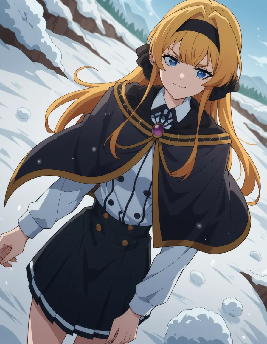 score_9, score_8_up, score_7_up, source_anime, <lora:lihanna-owenzaus-s1-ponyxl-lora-nochekaiser:1>, lihanna owenzaus, long hair, bangs, blue eyes, blonde hair, hairband, black ribbon, hair intakes, black hairband, medium breasts,, skirt, black skirt, school uniform, cape, gemstone, brooch, long sleeves, shirt, white shirt, collared shirt, snow day, winter clothes, snowball fight, laughter, cold breath, white landscape, , , v, v over mouth, smug,, solo,, cowboy shot, dutch angle