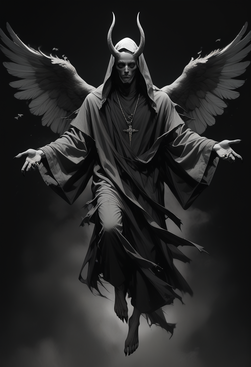score_9, score_8_up, score_7_up, simple background, long sleeves, full body, greyscale, barefoot, hood, wide sleeves, necklace, torn clothes, mask, colored skin, outstretched arms, black background, veil, hood up, floating, robe, grey skin, horror (theme), feathered wings, horns, black claws,
dof, depth of field, realistic, blurry background,
 <lora:unholy-000009:0.8>