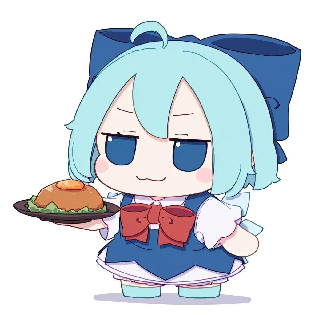 masterpiece, best quality, very aesthetic, absurdres, artist:kame \(kamepan44231\), by kame, kame_official, 1girl, cirno fumo, :3, ahoge, blue bow, blue dress, blue eyes, blue hair, blue shoes, blush stickers, bow, bowtie, closed mouth, collared shirt, dress, full body, fumo (doll), fumo solo, no humans, hair bow, holding, holding plate, ice, ice wings, looking at viewer, pinafore dress, plate, red bow, red bowtie, shirt, shoes, short hair, short sleeves, simple background, sleeveless dress, smile, solo, standing, white background, white shirt, wings