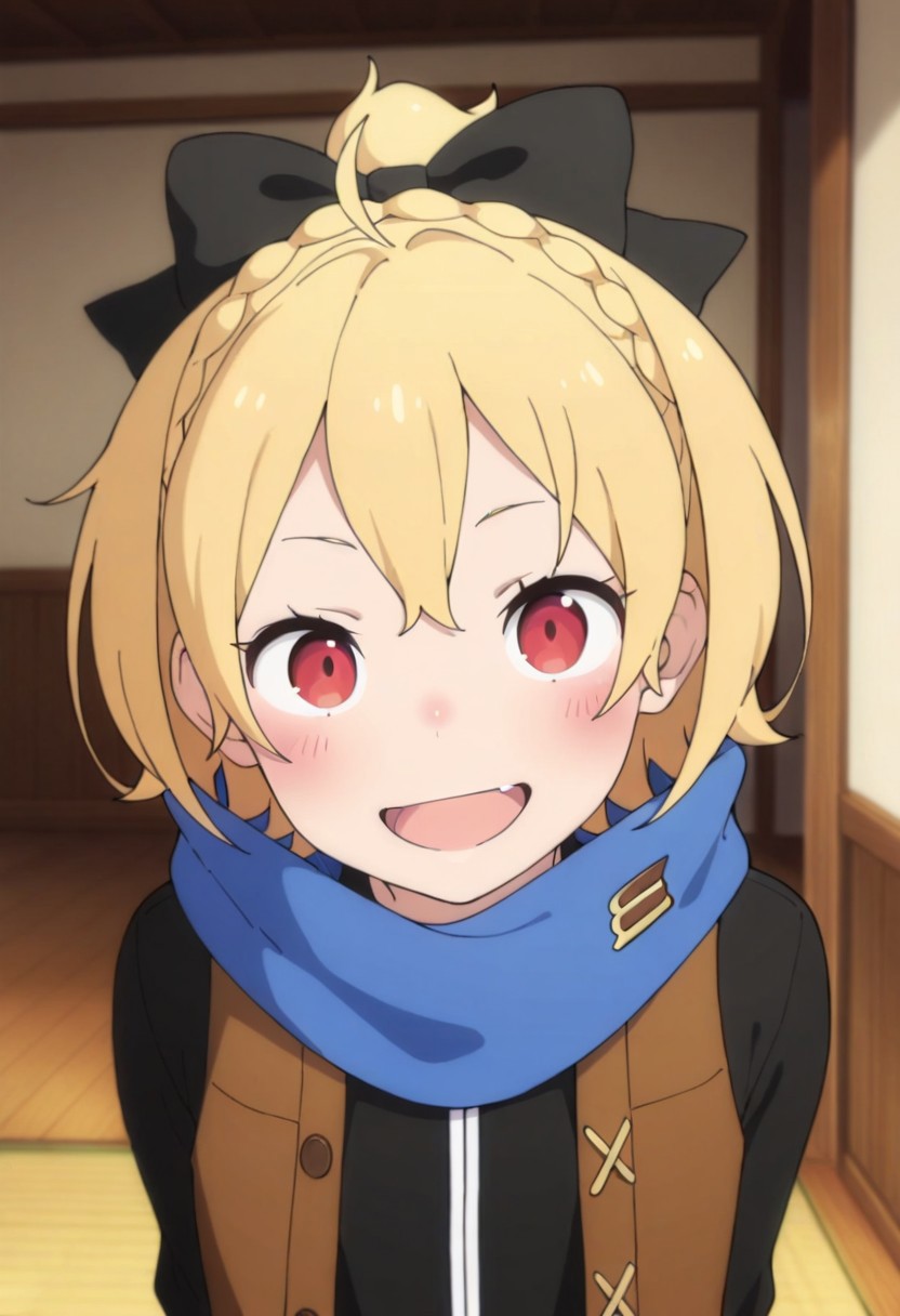 masterpiece,best quality,amazing quality, felt, short hair, blonde hair, red eyes, 1girl, scarf, solo, looking at viewer, smile, open mouth, blue scarf, braid, upper body, vest, blush, indoors