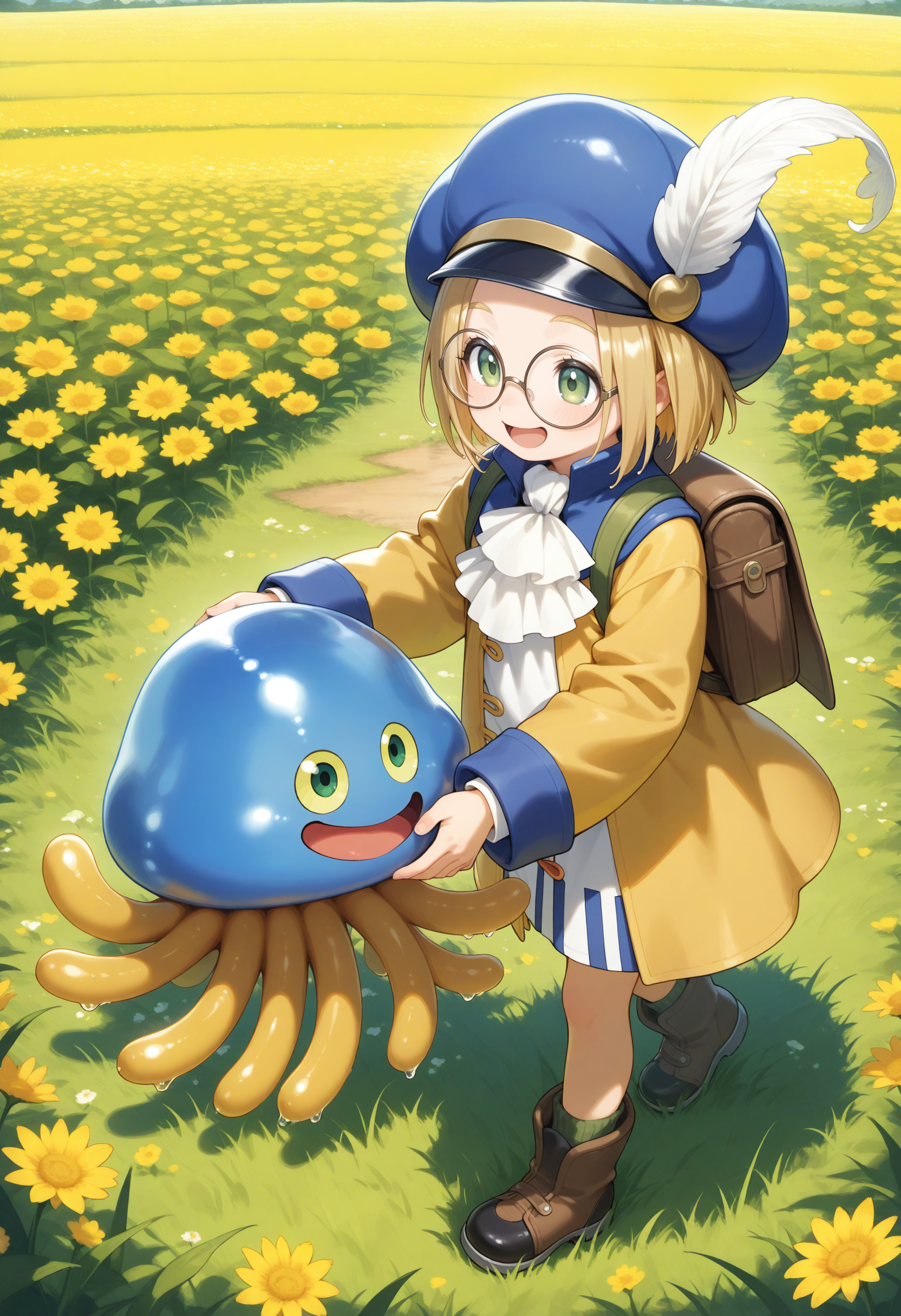 masterpiece,extreme detailed,outdoors,field,full body BREAK hoimin1,2others,no humans,yellow tentacles,:d,slime (creature),blue_skin,<lora:hoimin_(dq)-NAI:1>,smile,
masterpiece,extreme detailed,outdoors,field,full body BREAK hoimin2,2boys,glasses,blonde hair,short hair,hat,round eyewear,white ascot,blue headwear,long sleeves,green eyes,yellow jacket,<lora:hoimin_(dq)-NAI:1>,smile,