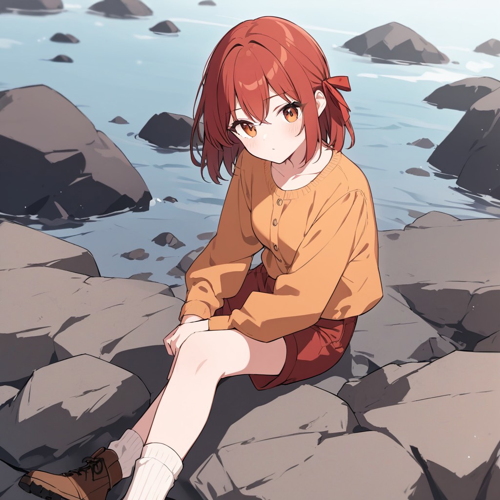 Rocky Shoreline,1girl,(solo),brown colored medium hair,red hair ribbon,pink t-shirt tucked in,red shorts BREAK long sleeves, orange and collarless and buttoned jacket,white roll up ankle socks,brown ankle boots,(filename)