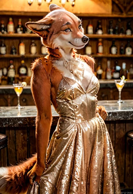 score_9, score_8_up, score_7_up, realistic, slender anthro female wolf, ears folded back, flat ears, golden eyes, copper fur, furry, fluffy fur, fluffy foxtail, elegant dress, bar, furry hands,  smile, bald