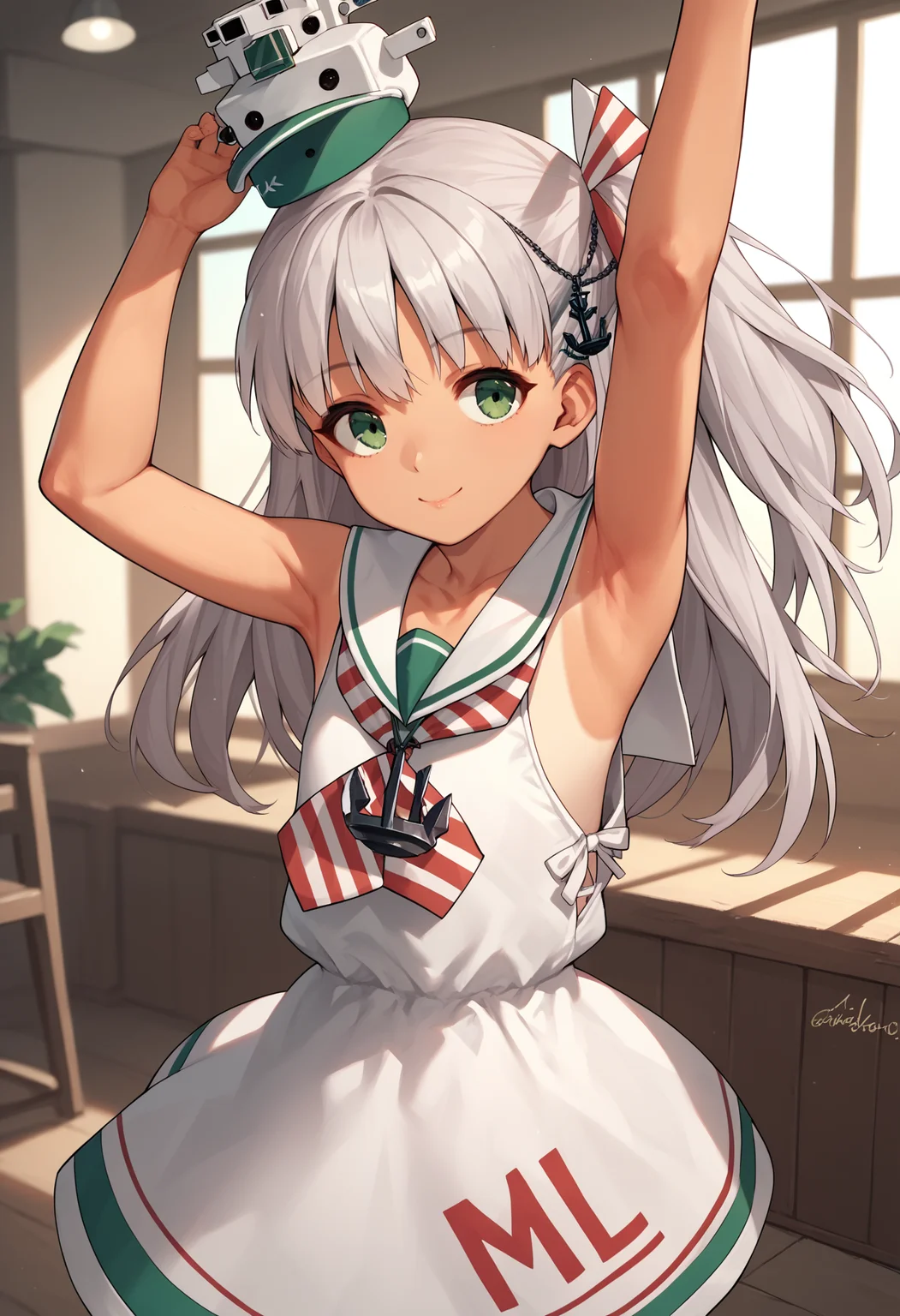 score_9, score_8_up, score_7_up, score_6_up, score_5_up, score_4_up, BREAK, smile, indoors, arms up, 
<lora:maestralev1-000012:1>, maestralekc, one-piece tan, tanlines, grey hair, one side up, green eyes, long hair, anchor hair ornament, maestralebase, sleeveless dress, clothes writing, neckerchief, white sailor collar, anchor necklace, hair tie, hat,