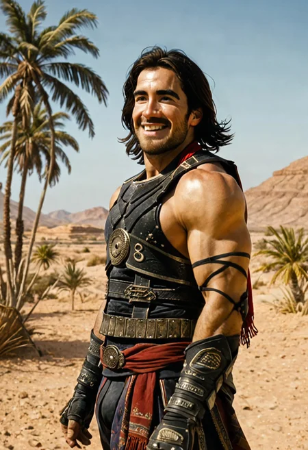 masterpiece, best quality, amazing quality, intricate details, Dastan, armor, muscular male, bara, smile, facial hair, eye sparkle, windblown, scarf, desert, day, palm tree,