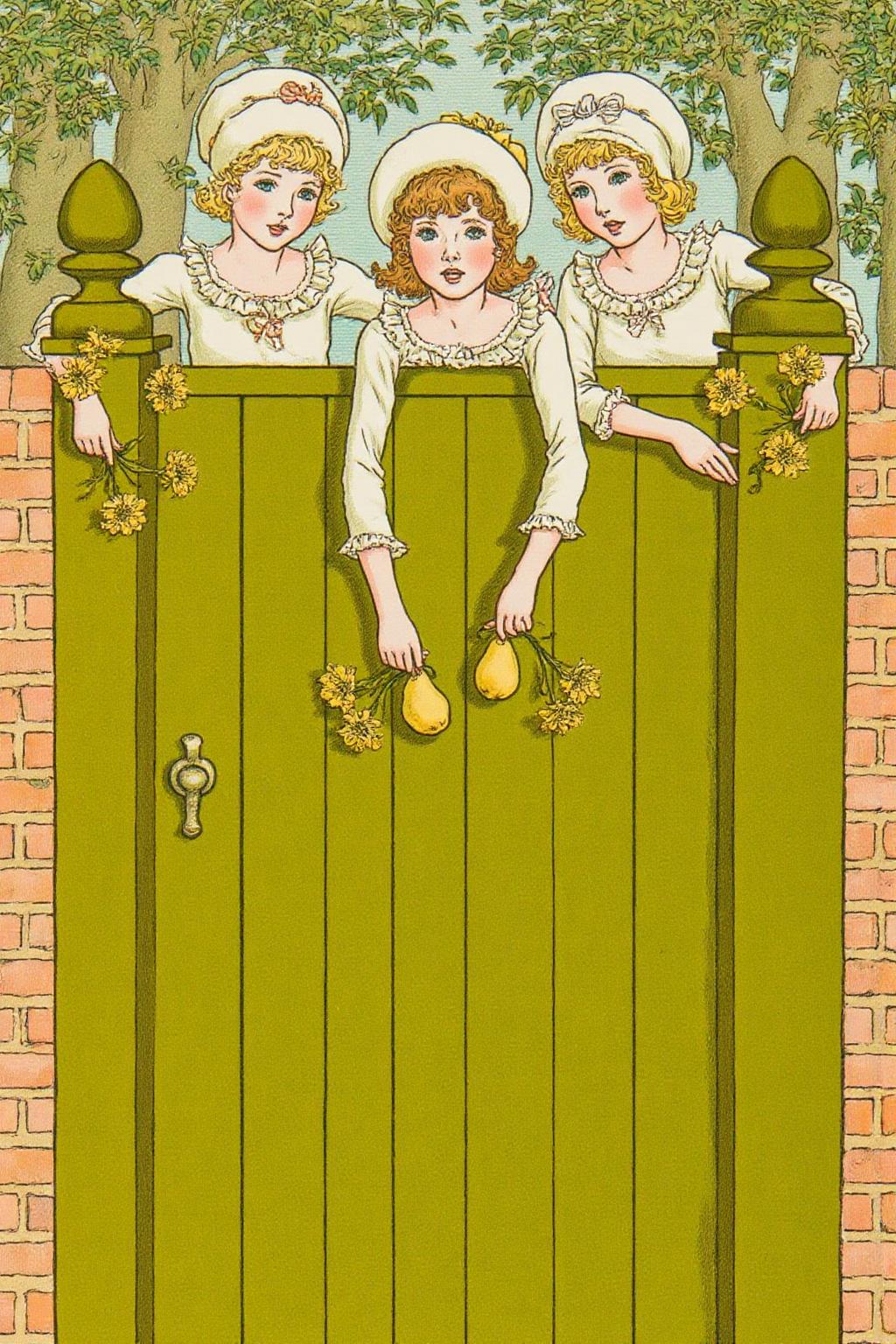 kategreenaway1 illustration. 
Three children are dressed in white dresses with ruffles and hats adorned with bows, standing behind a green wooden gate. They are reaching out with their hands, holding yellow flowers. The girl in the center is holding two pears, one in each hand. The children are positioned on a brick wall, and behind them, there are trees with green leaves. <lora:kategreenaway1_f16e6:1.0><lora:870762202435484975:0>