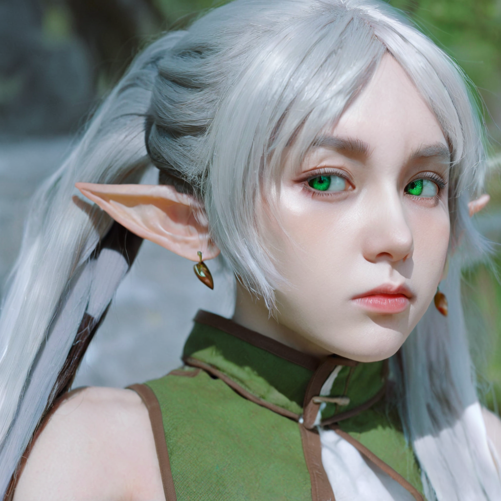 realistic, cinematic, (detailed), (highly detailed), HD, 8k, 4k,  a photo of a elf girl,<lora:frieren:1> frieren, long_hair, pointy_ears, elf, bangs, earrings, jewelry, twintails, green_eyes, white_hair